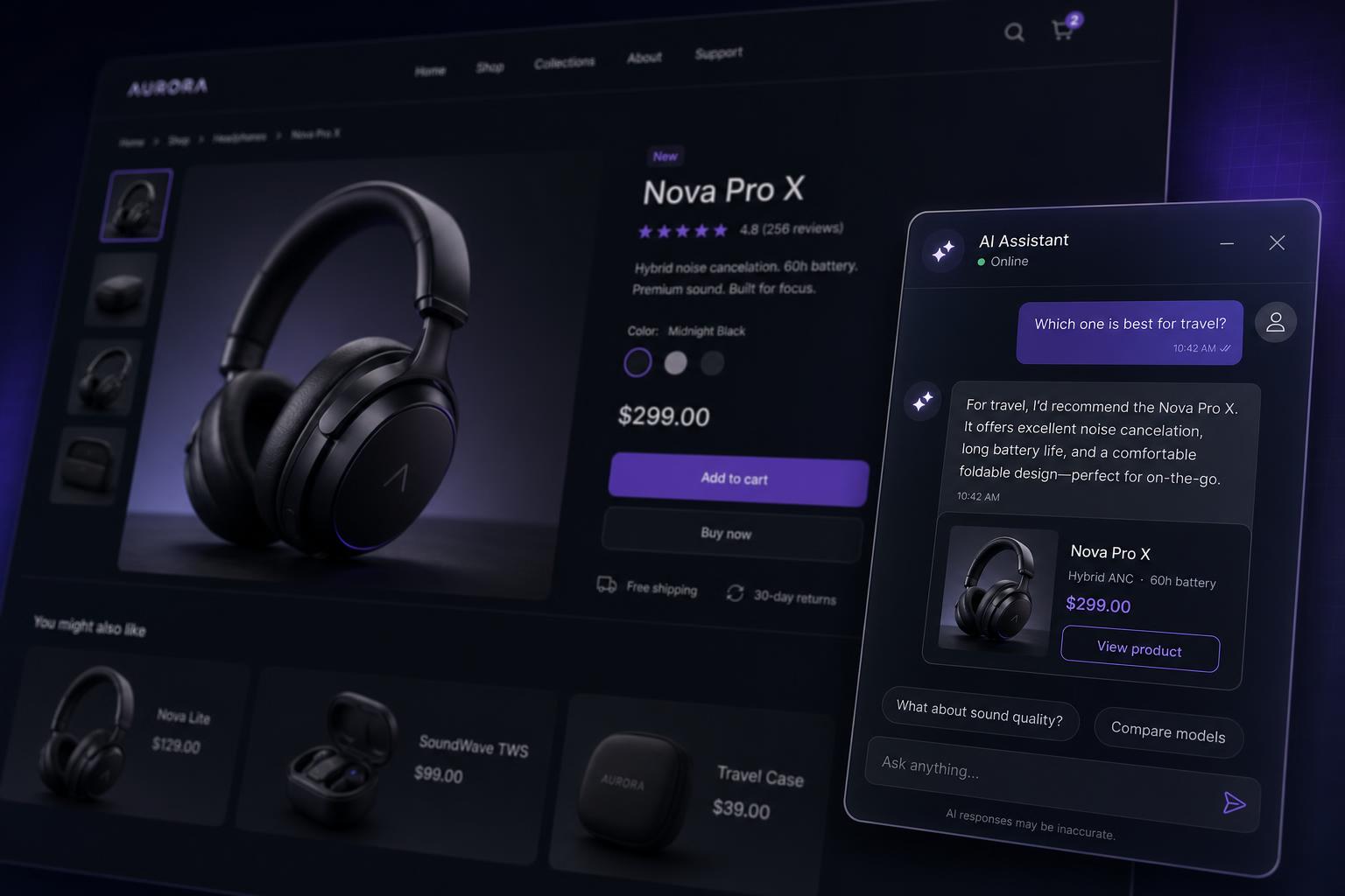 AI sales agent chat widget recommending a product on an e-commerce website
