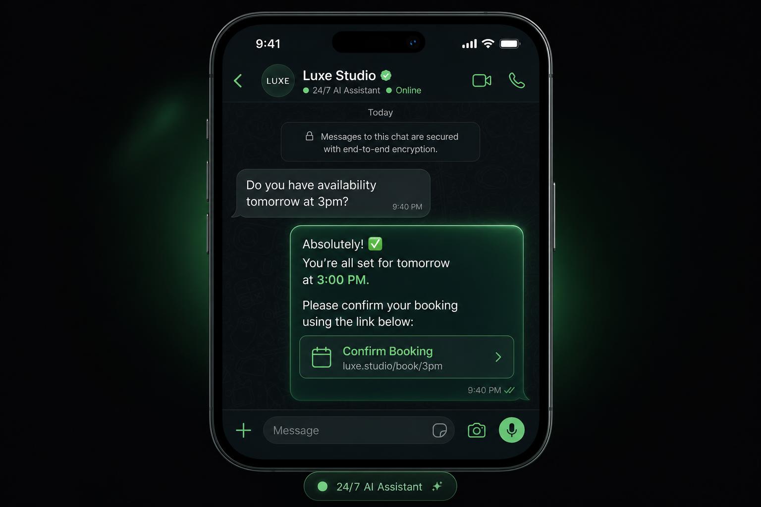WhatsApp chat interface with an AI bot auto-replying to customer messages 24/7
